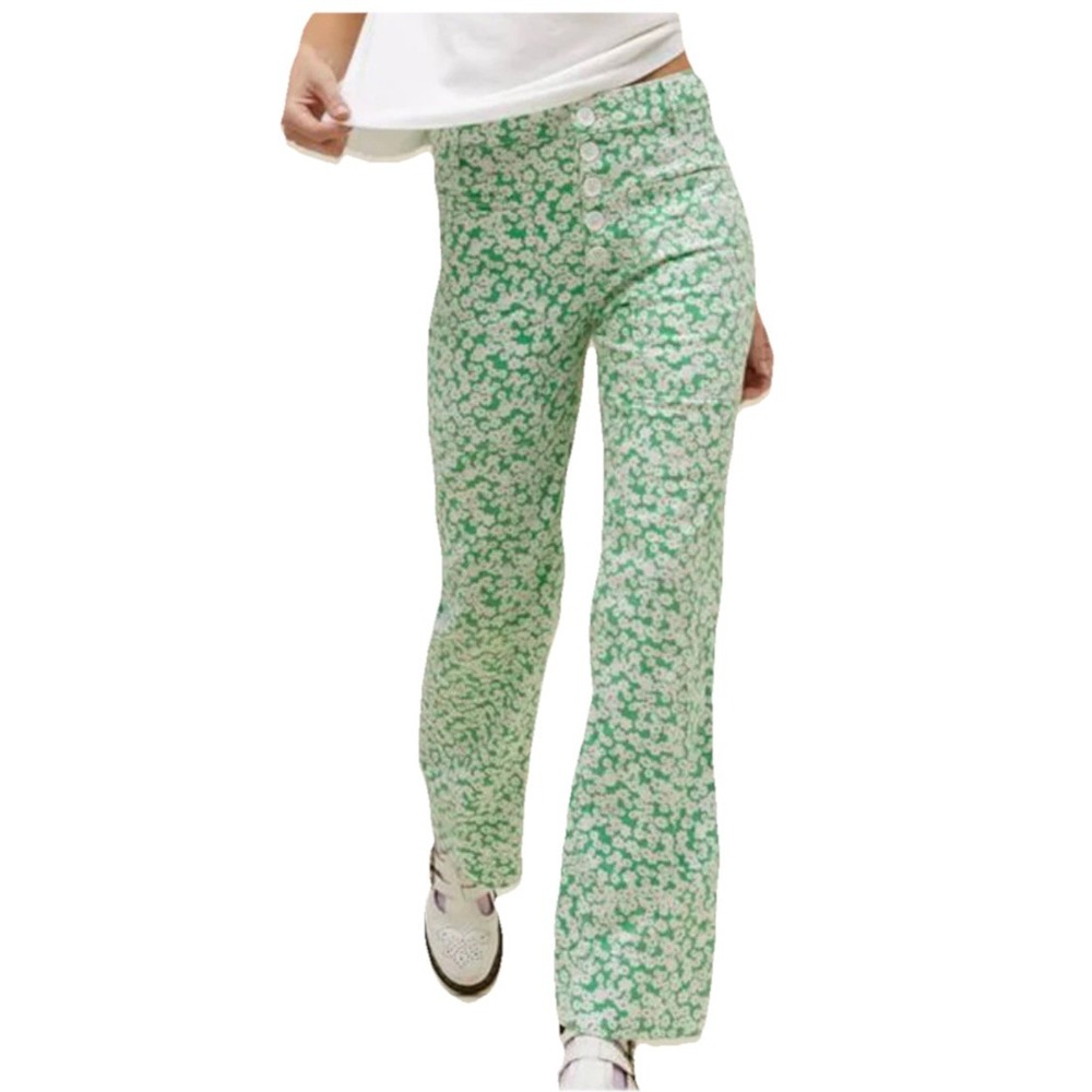 BDG Pants 26" Green White Ditsy Floral Button Fly Boho Hippie Sailor Pockets
